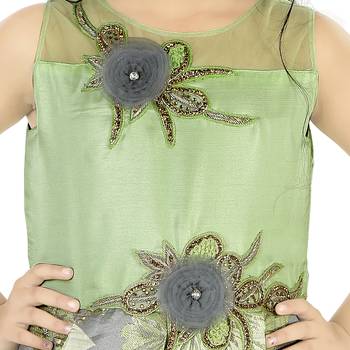 Green Satin And Brocade Frock Style Gown With Embroidery 4