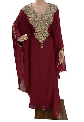maroon georgette moroccan dubai kaftan farasha aari and stone work dress 1