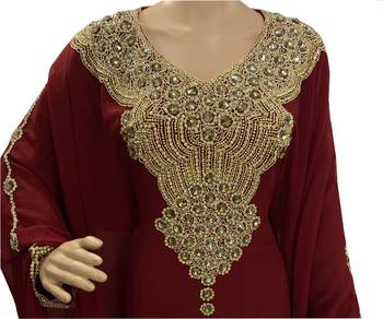 maroon georgette moroccan dubai kaftan farasha aari and stone work dress 2