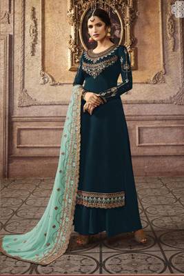 Teal Blue Embroidered Faux Georgette Salwar 1