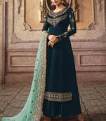 Teal Blue Embroidered Faux Georgette Salwar