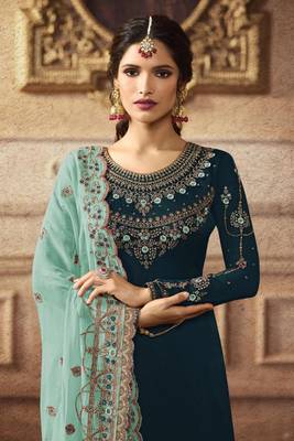 Teal Blue Embroidered Faux Georgette Salwar 2
