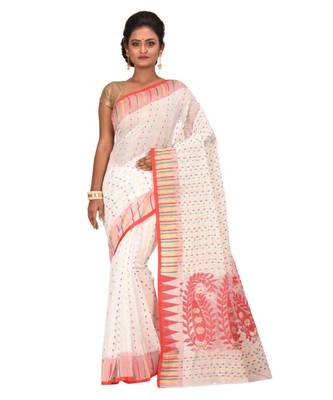 Women's White Embroidered Jamdani Handloom Cotton Blend Saree Without Blouse Piece 1