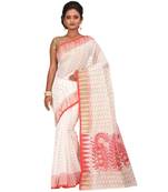 Women's White Embroidered Jamdani Handloom Cotton Blend Saree Without Blouse Piece
