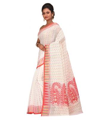Women's White Embroidered Jamdani Handloom Cotton Blend Saree Without Blouse Piece 2