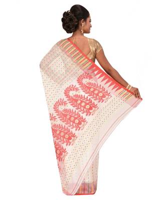 Women's White Embroidered Jamdani Handloom Cotton Blend Saree Without Blouse Piece 3