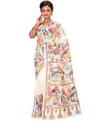 Women's White Handmade Shantiniketan Pure Silk Kantha Stitched Saree With Blouse Piece