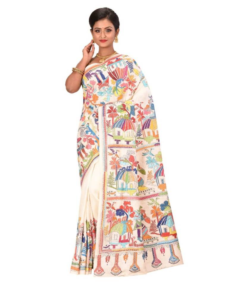 Women's White Handmade Shantiniketan Pure Silk Kantha Stitched Saree With Blouse Piece