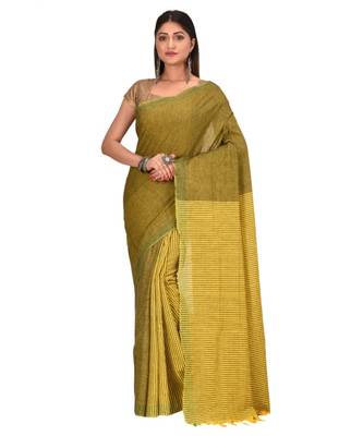 Women's Green Shantiniketani pure cotton khadi Cotton Saree With Blouse Piece 1