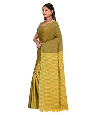 Women's Green Shantiniketani pure cotton khadi Cotton Saree With Blouse Piece 2