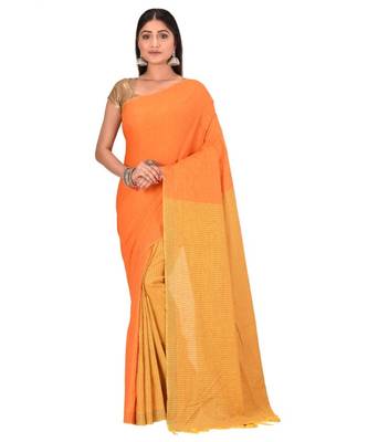 Women's Orange Shantiniketani pure cotton khadi Cotton Saree With Blouse Piece 1