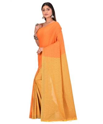 Women's Orange Shantiniketani pure cotton khadi Cotton Saree With Blouse Piece 2