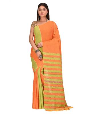 Women's Orange Shantiniketani pure cotton khesh Cotton Saree With Blouse Piece 1