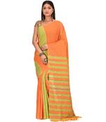 Women's Orange Shantiniketani pure cotton khesh Cotton Saree With Blouse Piece
