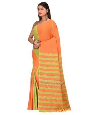 Women's Orange Shantiniketani pure cotton khesh Cotton Saree With Blouse Piece 2