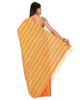 Women's Orange Shantiniketani pure cotton khesh Cotton Saree With Blouse Piece 3