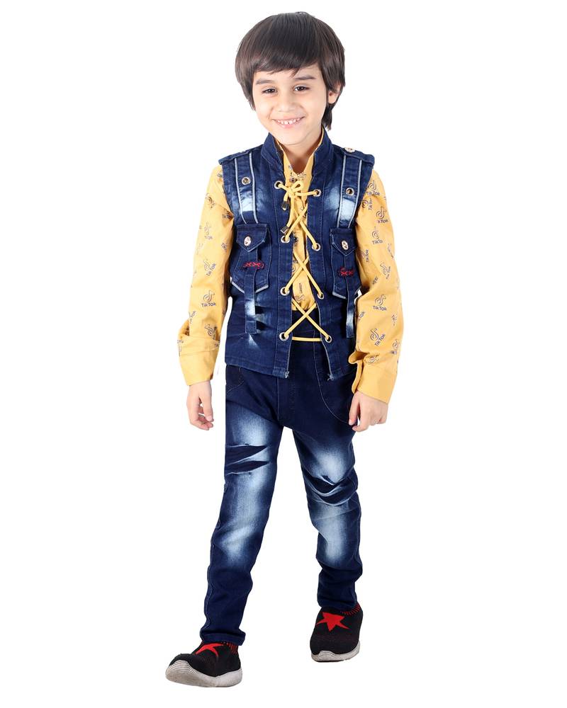 Yellow printed cotton silk boys-suit