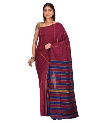 Women's Maroon Shantiniketani pure cotton khesh Cotton Saree With Blouse Piece 1