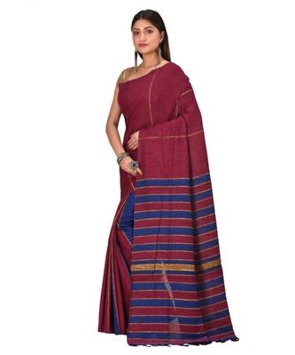 Women's Maroon Shantiniketani pure cotton khesh Cotton Saree With Blouse Piece 2