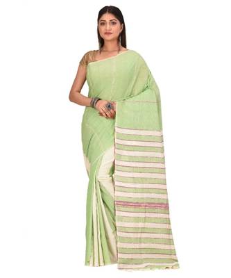 Women's green Shantiniketani pure cotton khesh Cotton Saree With Blouse Piece 1
