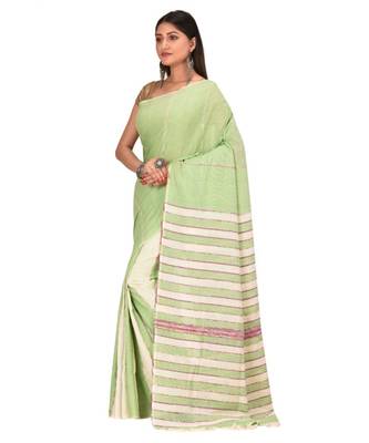 Women's green Shantiniketani pure cotton khesh Cotton Saree With Blouse Piece 2