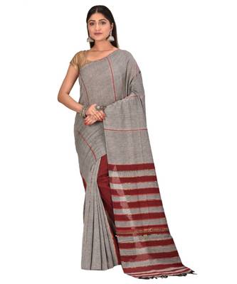 Women's Grey Shantiniketani pure cotton khesh Cotton Saree With Blouse Piece 1