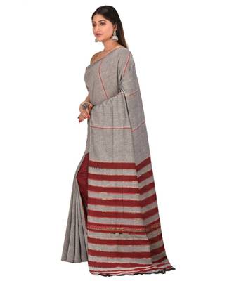 Women's Grey Shantiniketani pure cotton khesh Cotton Saree With Blouse Piece 2