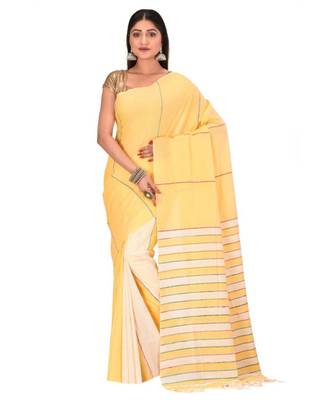 Women's Yellow Shantiniketani pure cotton khesh Cotton Saree With Blouse Piece 1
