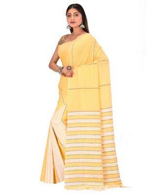 Women's Yellow Shantiniketani pure cotton khesh Cotton Saree With Blouse Piece 2
