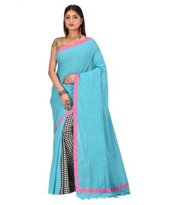 Women's Turquoise Shantiniketani pure cotton khesh Cotton Saree With Blouse Piece 1