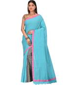 Women's Turquoise Shantiniketani pure cotton khesh Cotton Saree With Blouse Piece