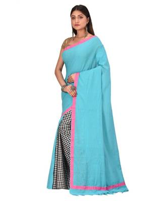 Women's Turquoise Shantiniketani pure cotton khesh Cotton Saree With Blouse Piece 2