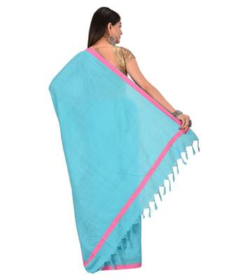 Women's Turquoise Shantiniketani pure cotton khesh Cotton Saree With Blouse Piece 3