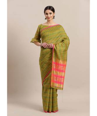 Green Printed cotton saree with blouse 1