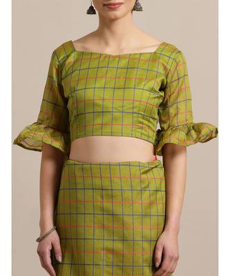 Green Printed cotton saree with blouse 4
