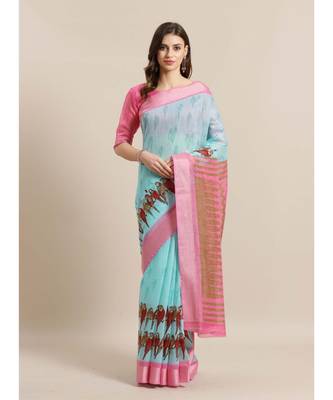 Green Printed cotton saree with blouse 1