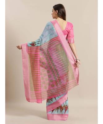 Green Printed cotton saree with blouse 2