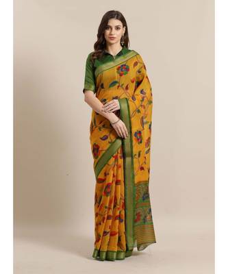 Mustard Printed cotton saree with blouse 1