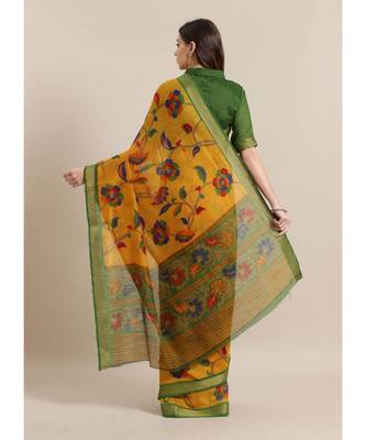 Mustard Printed cotton saree with blouse 2