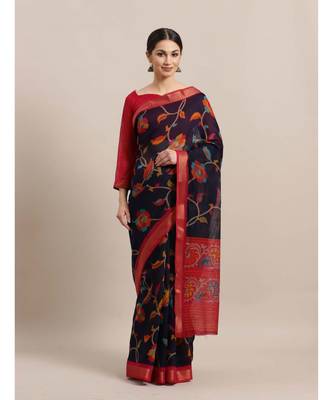 Blue Printed cotton saree with blouse 1