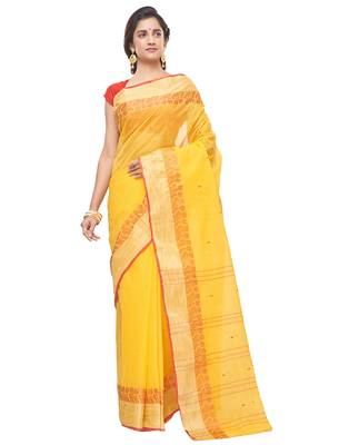 yellow Handloom Taant Pure Cotton Saree Without Blouse Piece 1