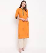 women's embroidered straight rayon mustard yellow kurti