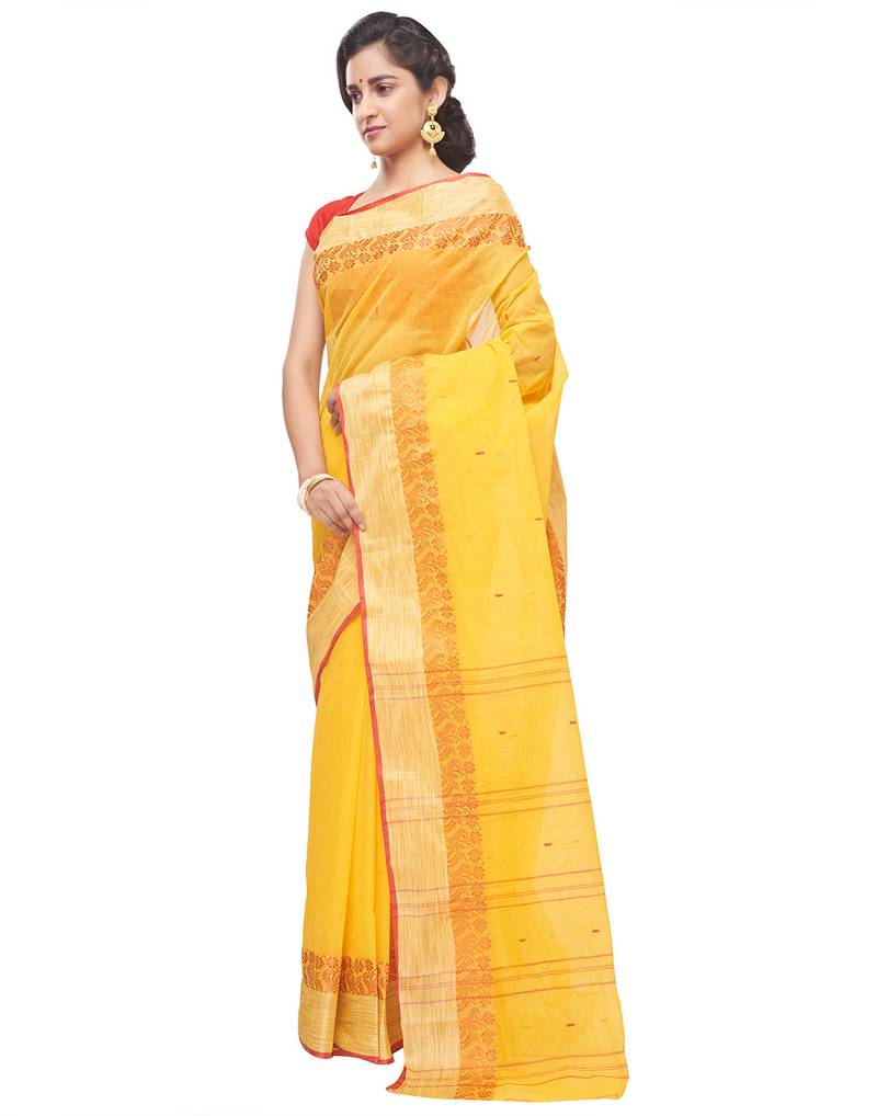 yellow Handloom Taant Pure Cotton Saree Without Blouse Piece
