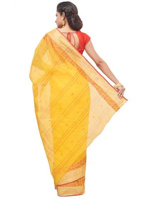 yellow Handloom Taant Pure Cotton Saree Without Blouse Piece 3