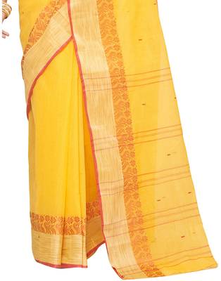 yellow Handloom Taant Pure Cotton Saree Without Blouse Piece 4