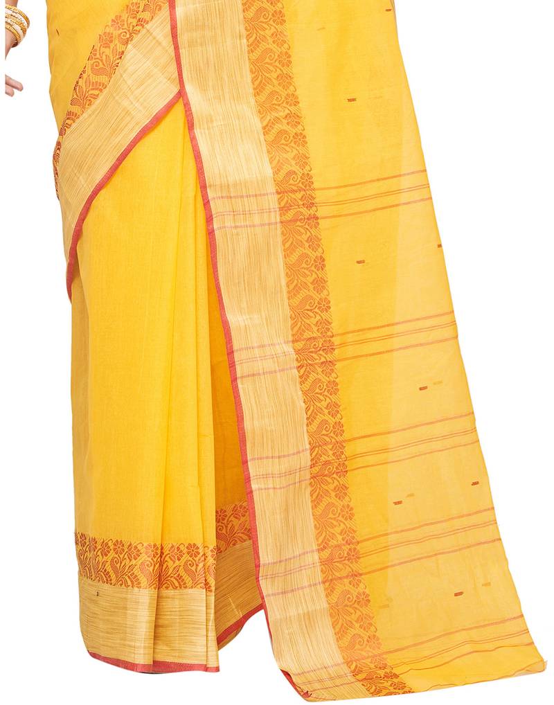 yellow Handloom Taant Pure Cotton Saree Without Blouse Piece