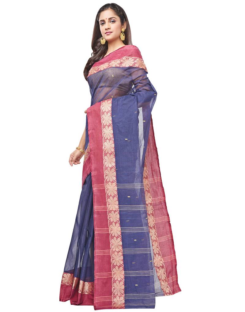 blue Handloom Taant Pure Cotton Saree Without Blouse Piece