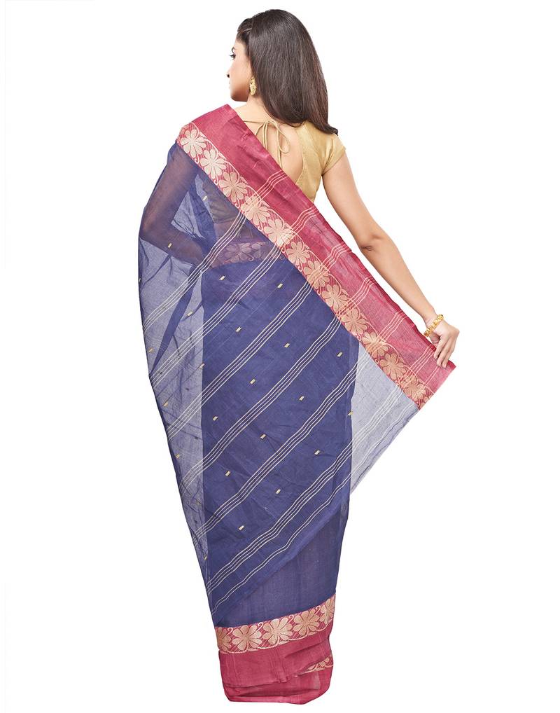 blue Handloom Taant Pure Cotton Saree Without Blouse Piece