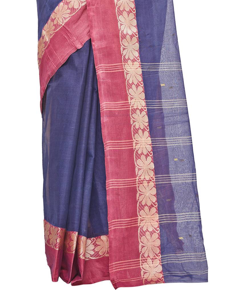 blue Handloom Taant Pure Cotton Saree Without Blouse Piece