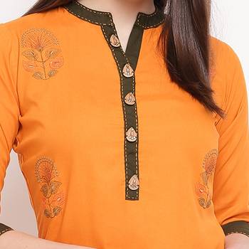 women's embroidered straight rayon mustard yellow kurti 5